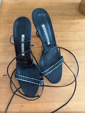 Manolo Blahnik Black Beaded Lace-Up Heels